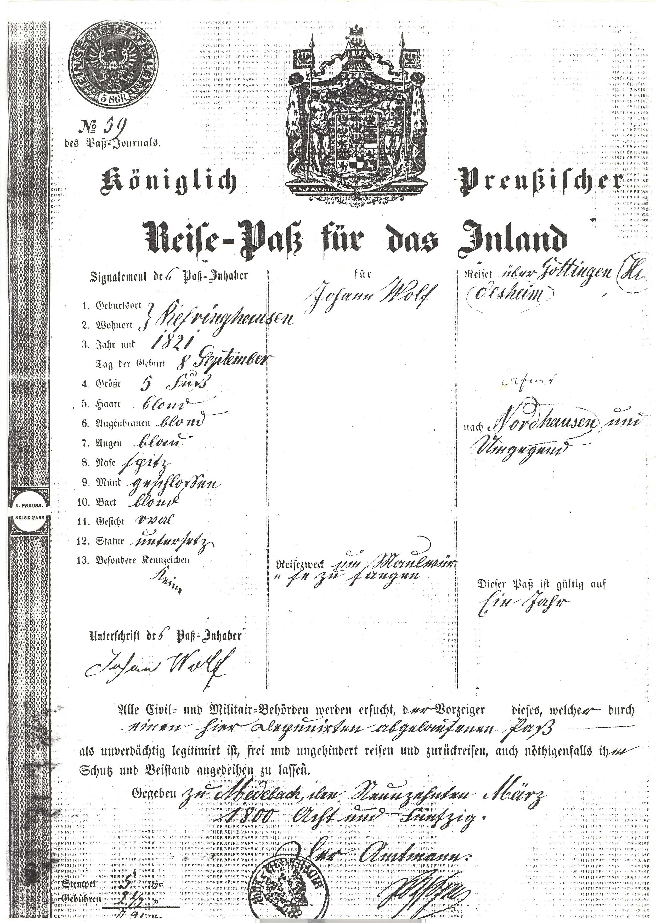 Reisepass von 1850